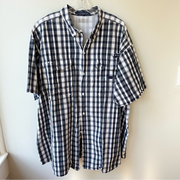 Men’s Columbia PFG short sleeved XXL black white plaid cotton fishing shirt - Picture 1 of 11